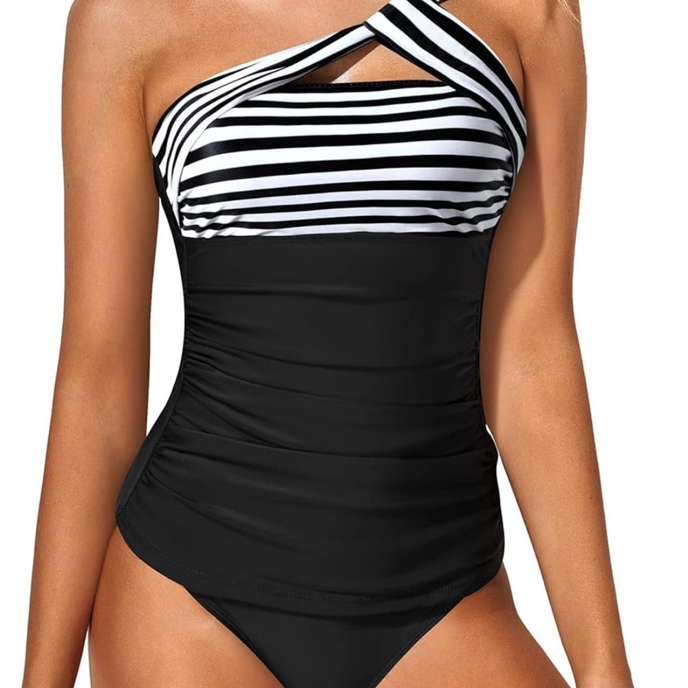 Elegant Black and White Striped One-Shoulder Bikini